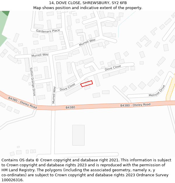 14, DOVE CLOSE, SHREWSBURY, SY2 6FB: Location map and indicative extent of plot