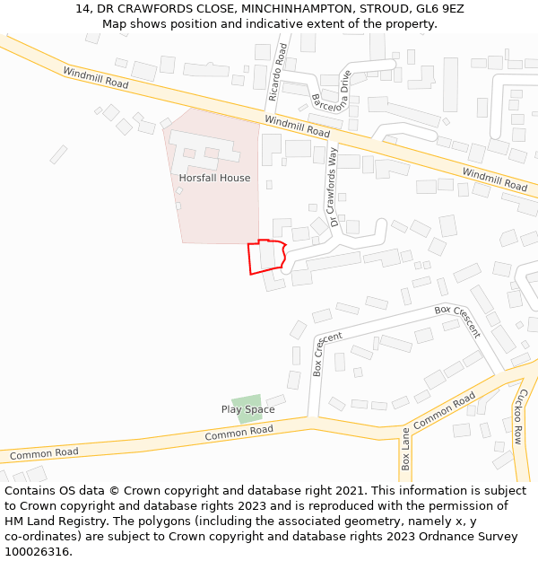 14, DR CRAWFORDS CLOSE, MINCHINHAMPTON, STROUD, GL6 9EZ: Location map and indicative extent of plot