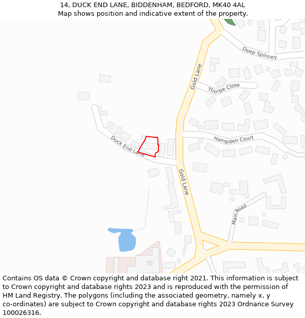 14, DUCK END LANE, BIDDENHAM, BEDFORD, MK40 4AL: Location map and indicative extent of plot