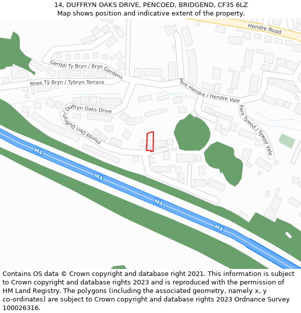 14, DUFFRYN OAKS DRIVE, PENCOED, BRIDGEND, CF35 6LZ: Location map and indicative extent of plot