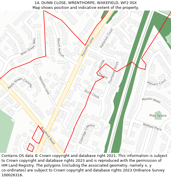 14, DUNN CLOSE, WRENTHORPE, WAKEFIELD, WF2 0SX: Location map and indicative extent of plot