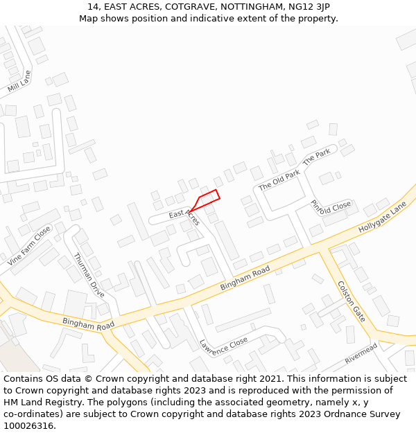 14, EAST ACRES, COTGRAVE, NOTTINGHAM, NG12 3JP: Location map and indicative extent of plot