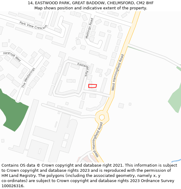 14, EASTWOOD PARK, GREAT BADDOW, CHELMSFORD, CM2 8HF: Location map and indicative extent of plot