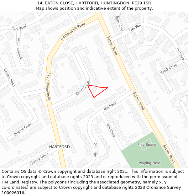 14, EATON CLOSE, HARTFORD, HUNTINGDON, PE29 1SR: Location map and indicative extent of plot