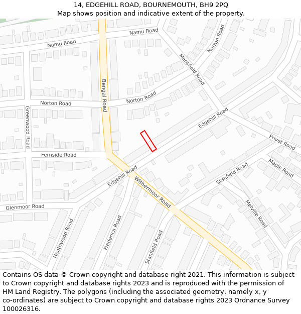 14, EDGEHILL ROAD, BOURNEMOUTH, BH9 2PQ: Location map and indicative extent of plot