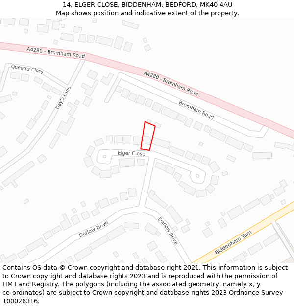 14, ELGER CLOSE, BIDDENHAM, BEDFORD, MK40 4AU: Location map and indicative extent of plot