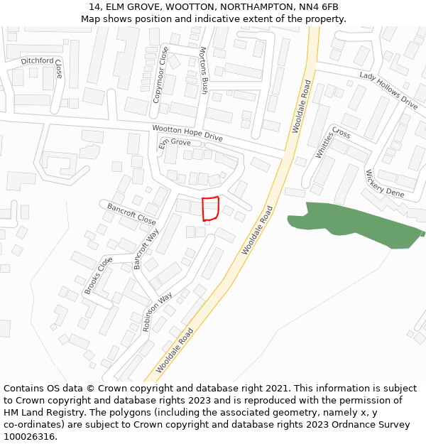 14, ELM GROVE, WOOTTON, NORTHAMPTON, NN4 6FB: Location map and indicative extent of plot