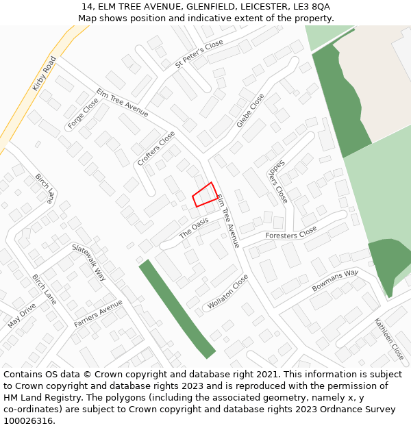 14, ELM TREE AVENUE, GLENFIELD, LEICESTER, LE3 8QA: Location map and indicative extent of plot