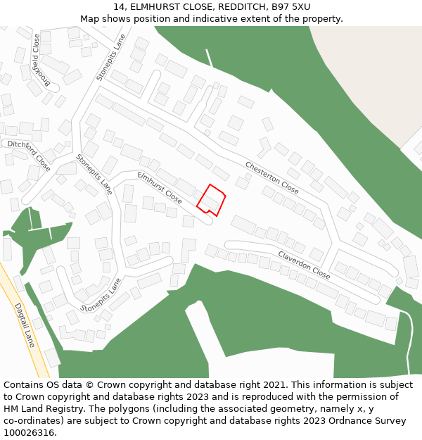 14, ELMHURST CLOSE, REDDITCH, B97 5XU: Location map and indicative extent of plot