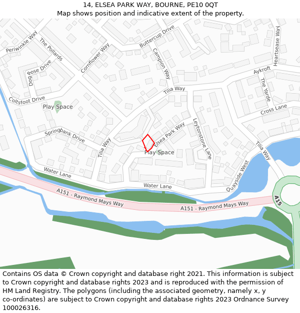 14, ELSEA PARK WAY, BOURNE, PE10 0QT: Location map and indicative extent of plot