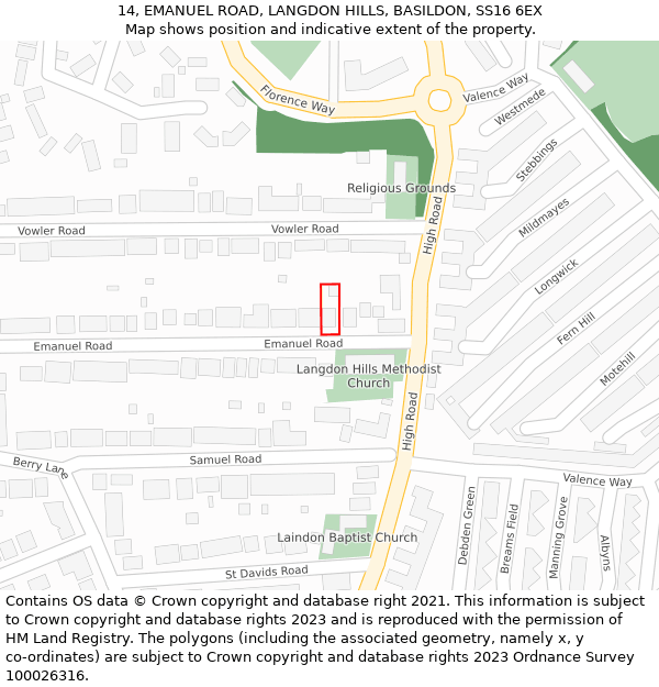 14, EMANUEL ROAD, LANGDON HILLS, BASILDON, SS16 6EX: Location map and indicative extent of plot
