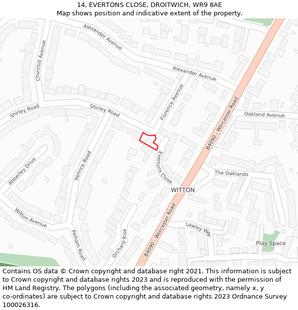 14, EVERTONS CLOSE, DROITWICH, WR9 8AE: Location map and indicative extent of plot