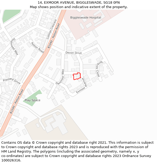 14, EXMOOR AVENUE, BIGGLESWADE, SG18 0FN: Location map and indicative extent of plot