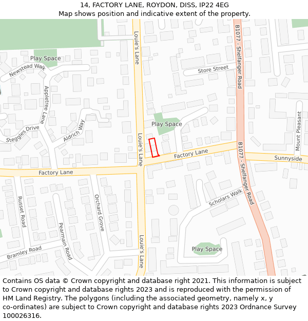 14, FACTORY LANE, ROYDON, DISS, IP22 4EG: Location map and indicative extent of plot