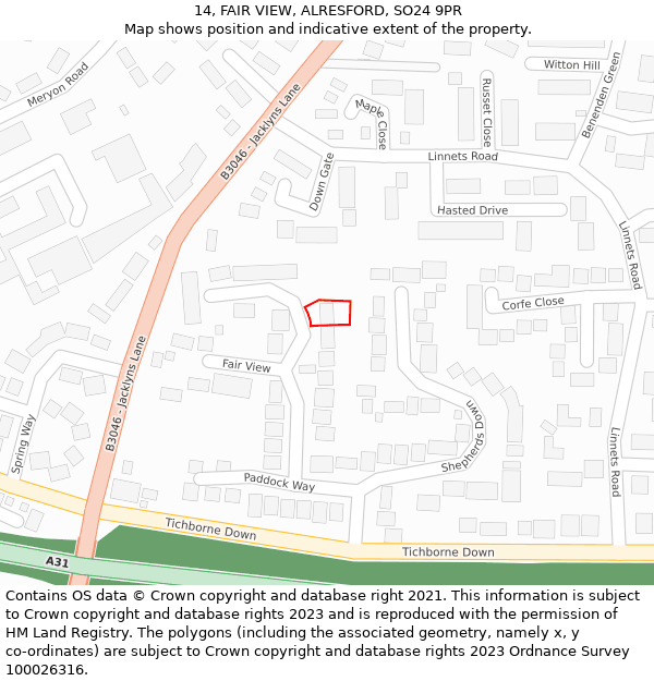 14, FAIR VIEW, ALRESFORD, SO24 9PR: Location map and indicative extent of plot