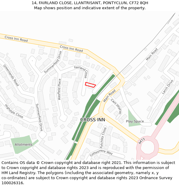 14, FAIRLAND CLOSE, LLANTRISANT, PONTYCLUN, CF72 8QH: Location map and indicative extent of plot