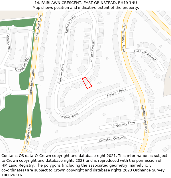 14, FAIRLAWN CRESCENT, EAST GRINSTEAD, RH19 1NU: Location map and indicative extent of plot