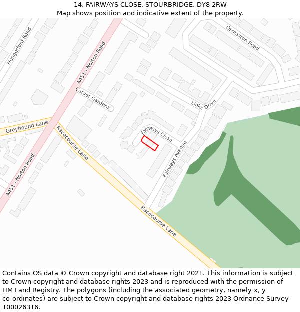 14, FAIRWAYS CLOSE, STOURBRIDGE, DY8 2RW: Location map and indicative extent of plot