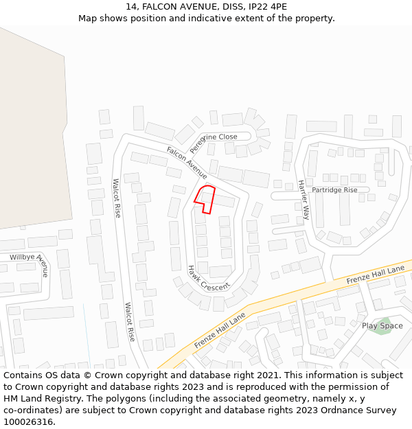 14, FALCON AVENUE, DISS, IP22 4PE: Location map and indicative extent of plot