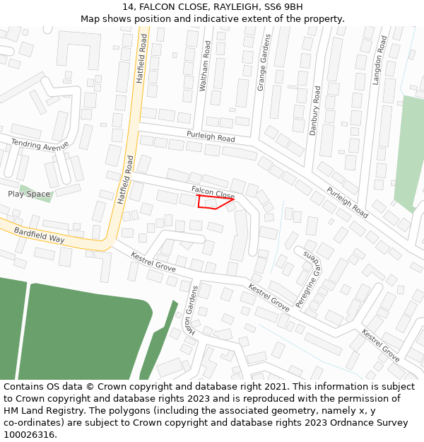 14, FALCON CLOSE, RAYLEIGH, SS6 9BH: Location map and indicative extent of plot