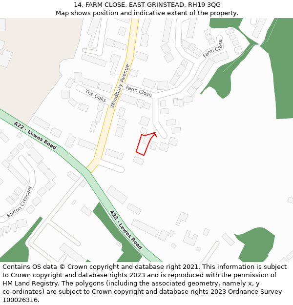 14, FARM CLOSE, EAST GRINSTEAD, RH19 3QG: Location map and indicative extent of plot