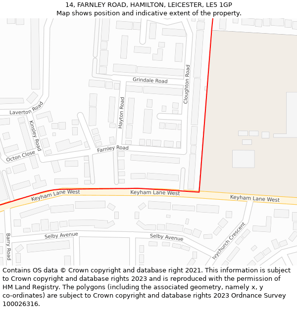 14, FARNLEY ROAD, HAMILTON, LEICESTER, LE5 1GP: Location map and indicative extent of plot