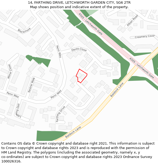 14, FARTHING DRIVE, LETCHWORTH GARDEN CITY, SG6 2TR: Location map and indicative extent of plot