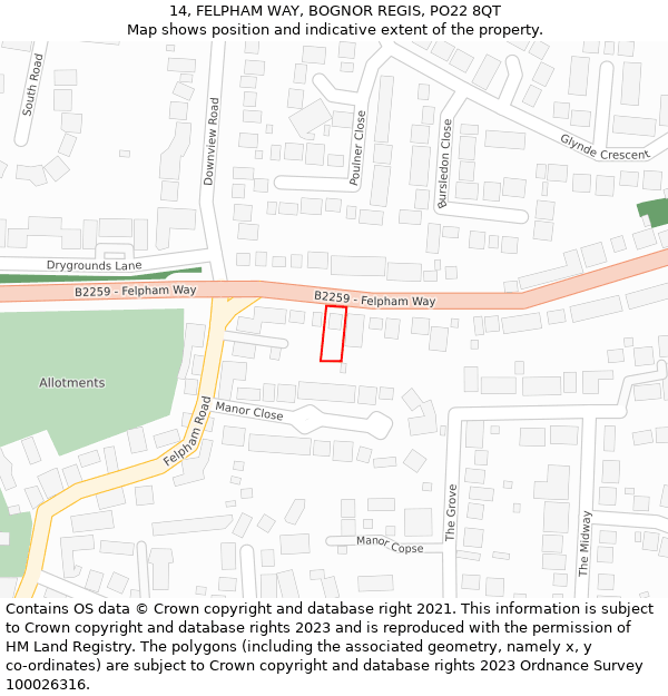 14, FELPHAM WAY, BOGNOR REGIS, PO22 8QT: Location map and indicative extent of plot