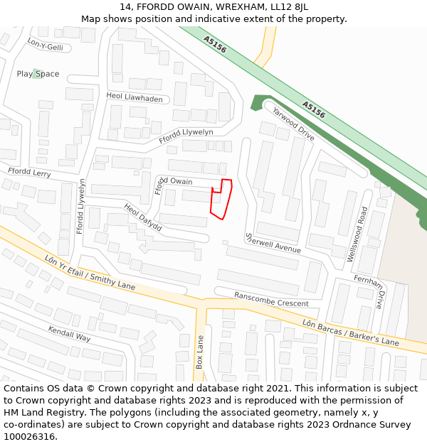 14, FFORDD OWAIN, WREXHAM, LL12 8JL: Location map and indicative extent of plot