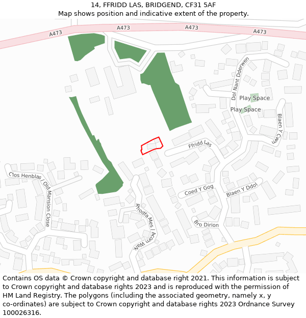 14, FFRIDD LAS, BRIDGEND, CF31 5AF: Location map and indicative extent of plot