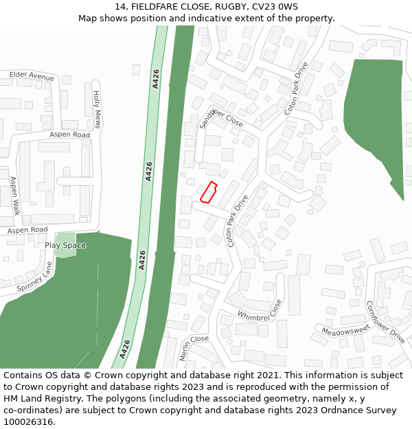 14, FIELDFARE CLOSE, RUGBY, CV23 0WS: Location map and indicative extent of plot