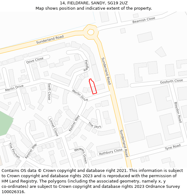 14, FIELDFARE, SANDY, SG19 2UZ: Location map and indicative extent of plot