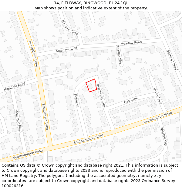 14, FIELDWAY, RINGWOOD, BH24 1QL: Location map and indicative extent of plot