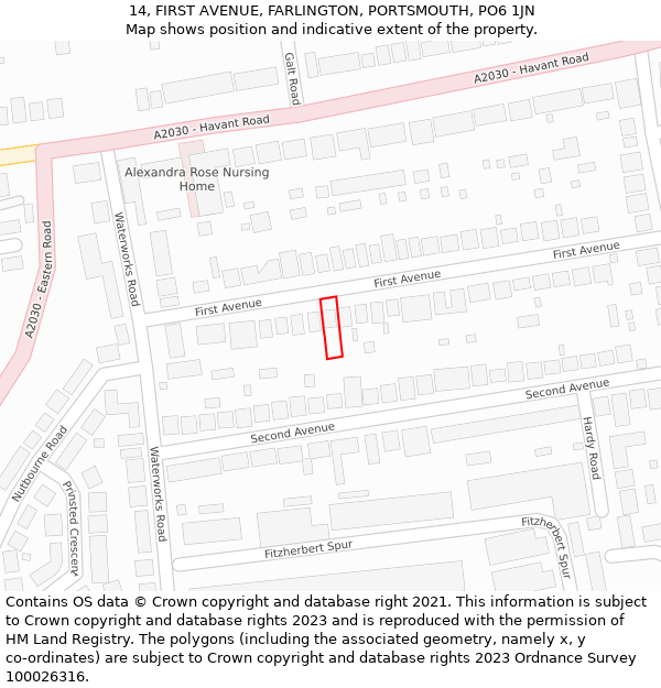 14, FIRST AVENUE, FARLINGTON, PORTSMOUTH, PO6 1JN: Location map and indicative extent of plot