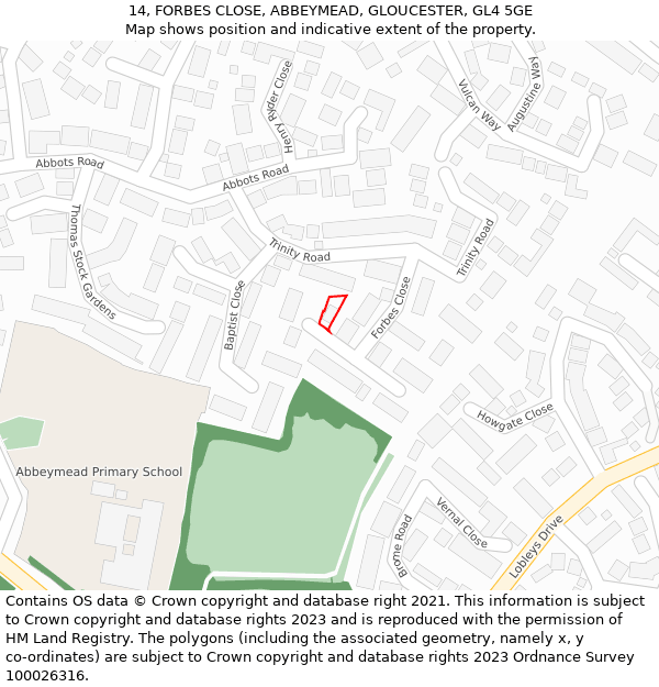 14, FORBES CLOSE, ABBEYMEAD, GLOUCESTER, GL4 5GE: Location map and indicative extent of plot