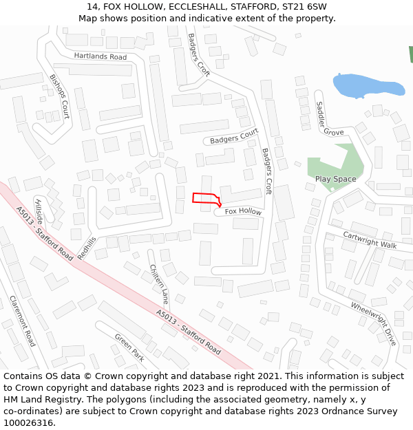 14, FOX HOLLOW, ECCLESHALL, STAFFORD, ST21 6SW: Location map and indicative extent of plot