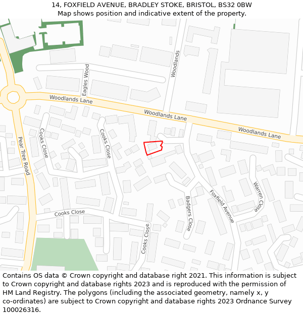 14, FOXFIELD AVENUE, BRADLEY STOKE, BRISTOL, BS32 0BW: Location map and indicative extent of plot