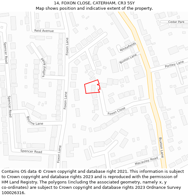 14, FOXON CLOSE, CATERHAM, CR3 5SY: Location map and indicative extent of plot