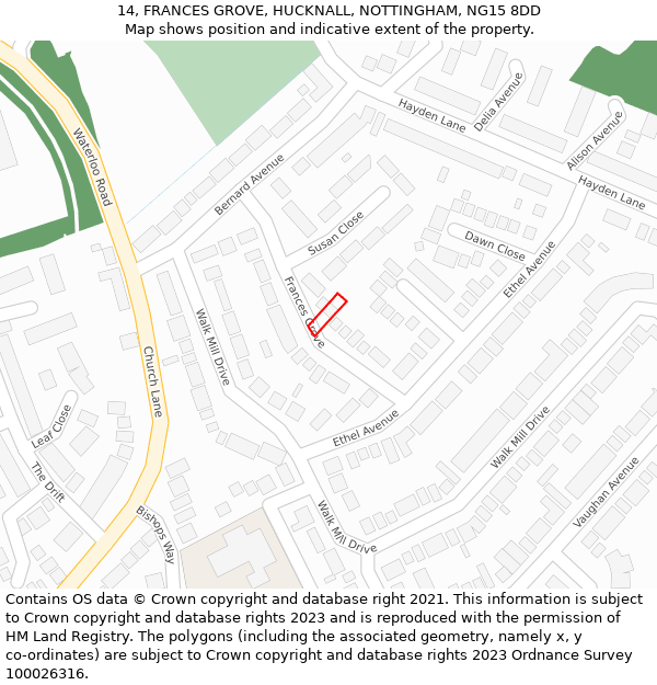 14, FRANCES GROVE, HUCKNALL, NOTTINGHAM, NG15 8DD: Location map and indicative extent of plot