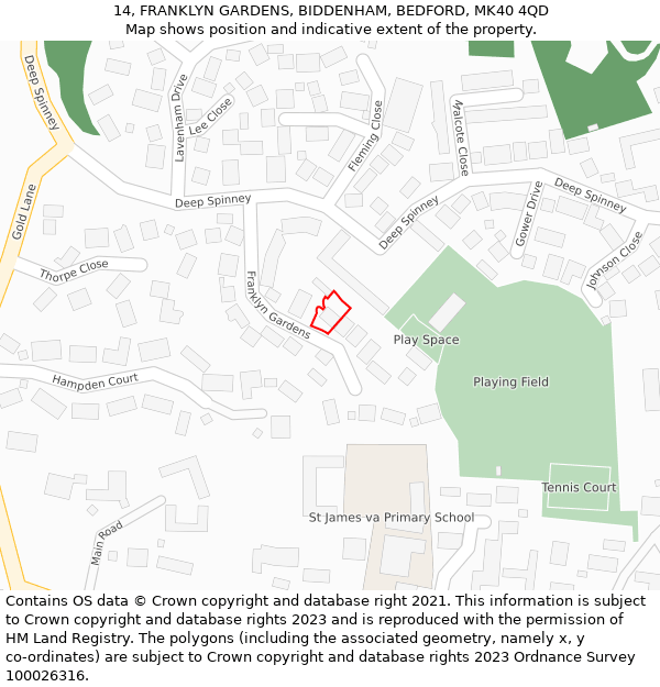 14, FRANKLYN GARDENS, BIDDENHAM, BEDFORD, MK40 4QD: Location map and indicative extent of plot