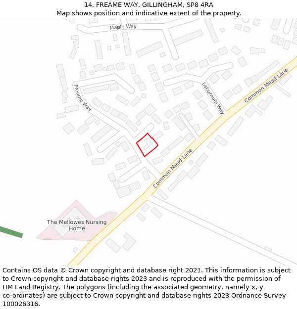 14, FREAME WAY, GILLINGHAM, SP8 4RA: Location map and indicative extent of plot