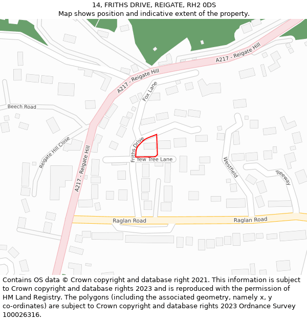 14, FRITHS DRIVE, REIGATE, RH2 0DS: Location map and indicative extent of plot