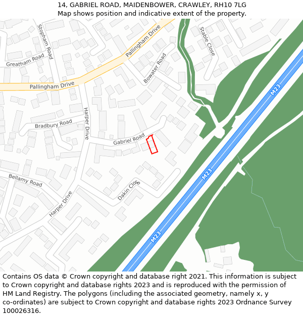 14, GABRIEL ROAD, MAIDENBOWER, CRAWLEY, RH10 7LG: Location map and indicative extent of plot