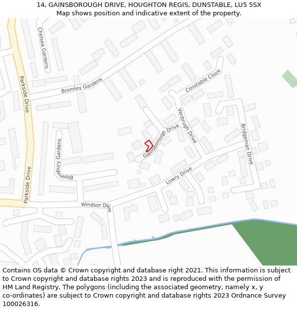 14, GAINSBOROUGH DRIVE, HOUGHTON REGIS, DUNSTABLE, LU5 5SX: Location map and indicative extent of plot