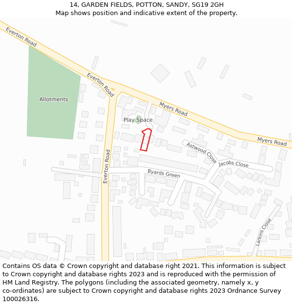 14, GARDEN FIELDS, POTTON, SANDY, SG19 2GH: Location map and indicative extent of plot