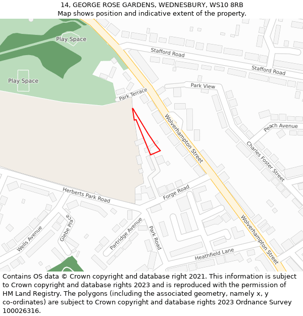 14, GEORGE ROSE GARDENS, WEDNESBURY, WS10 8RB: Location map and indicative extent of plot