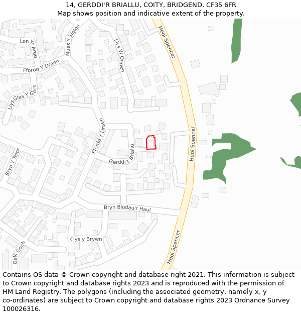 14, GERDDI'R BRIALLU, COITY, BRIDGEND, CF35 6FR: Location map and indicative extent of plot