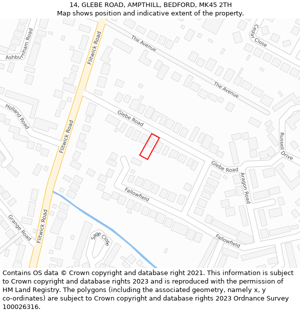 14, GLEBE ROAD, AMPTHILL, BEDFORD, MK45 2TH: Location map and indicative extent of plot