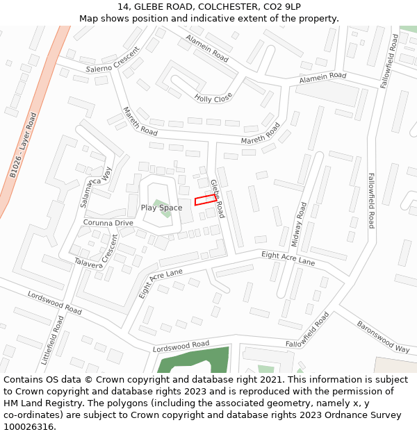 14, GLEBE ROAD, COLCHESTER, CO2 9LP: Location map and indicative extent of plot