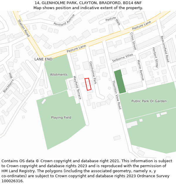 14, GLENHOLME PARK, CLAYTON, BRADFORD, BD14 6NF: Location map and indicative extent of plot